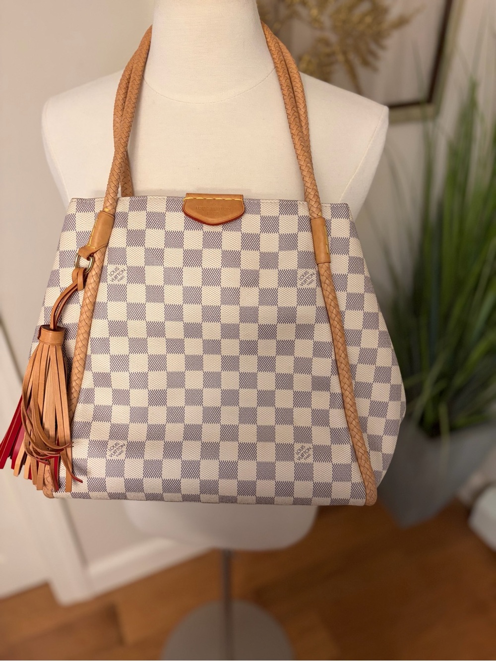 Louis Vuitton Woven Check Leather Tote in Light Beige and Tan
